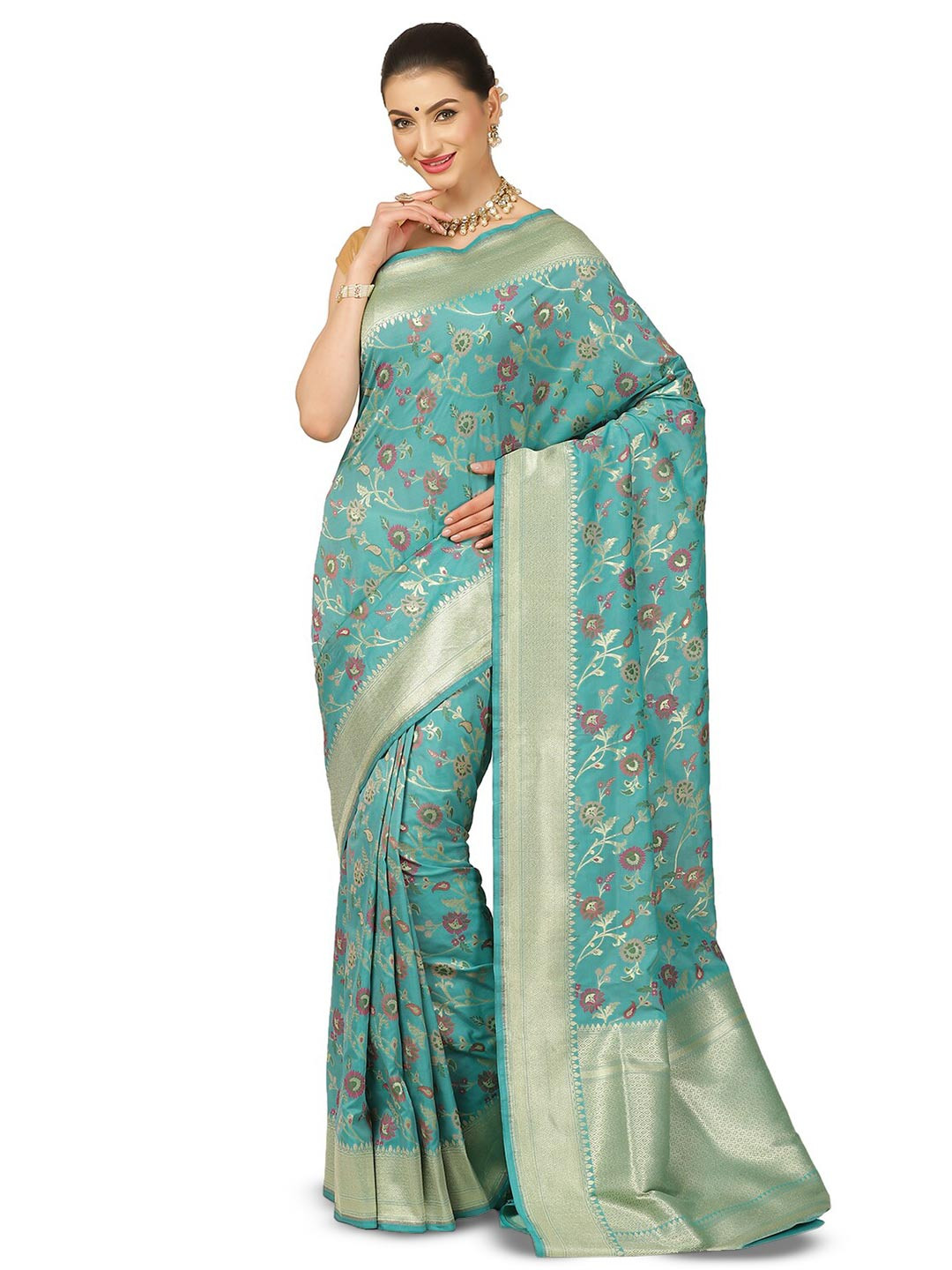 

PTIEPL Banarasi Silk Works Floral Zari Banarasi Saree, Sea green
