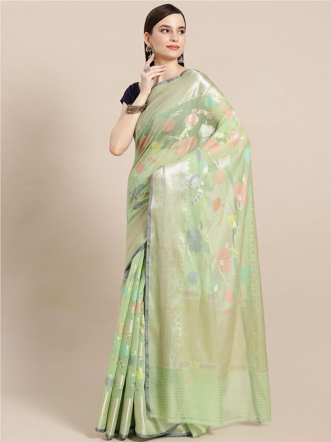 

PTIEPL Banarasi Silk Works Ethnic Motifs Woven Design Zari Banarasi Saree, Green