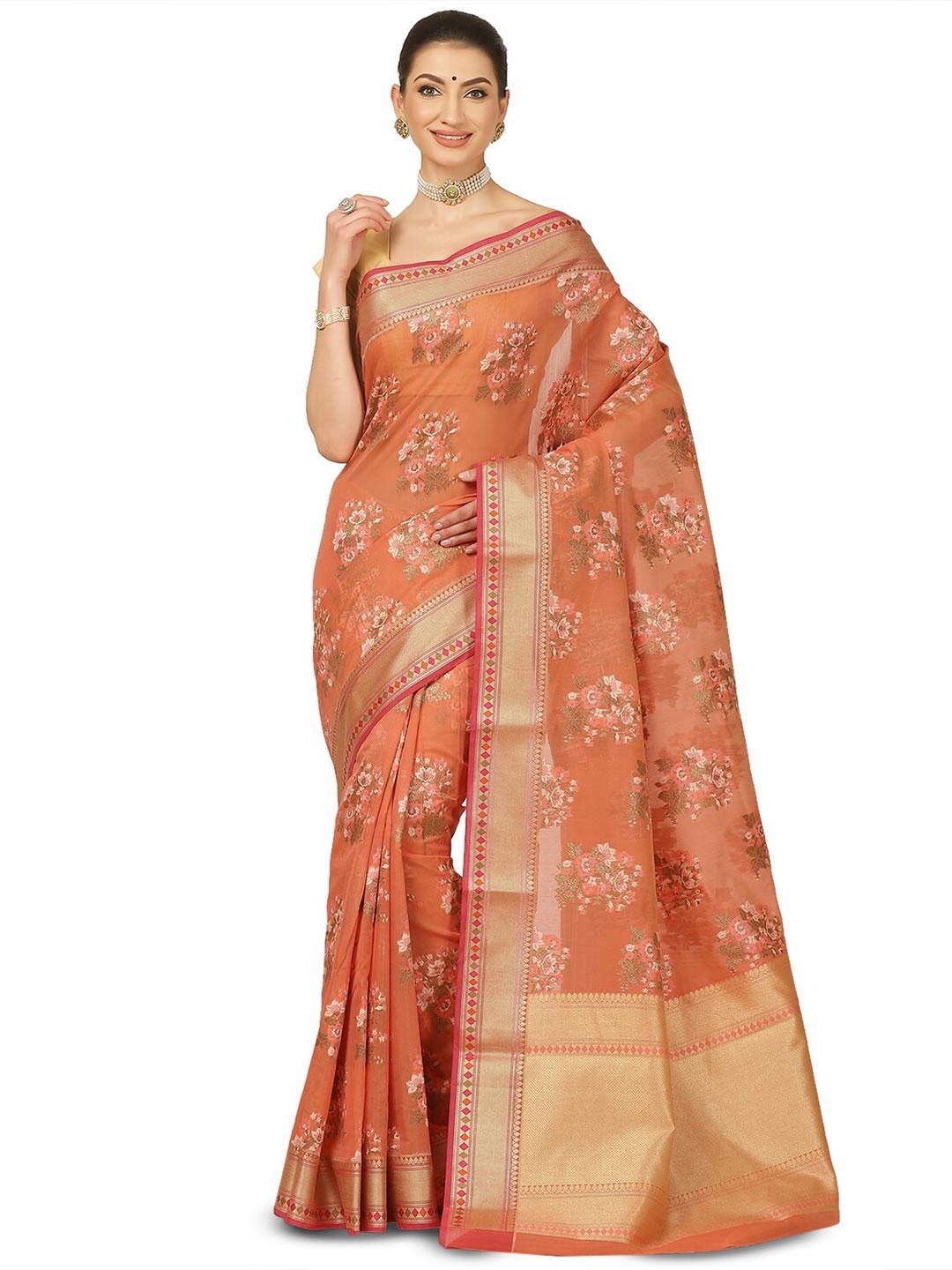 

PTIEPL Banarasi Silk Works Ethnic Motifs Zari Pure Cotton Banarasi Saree, Orange