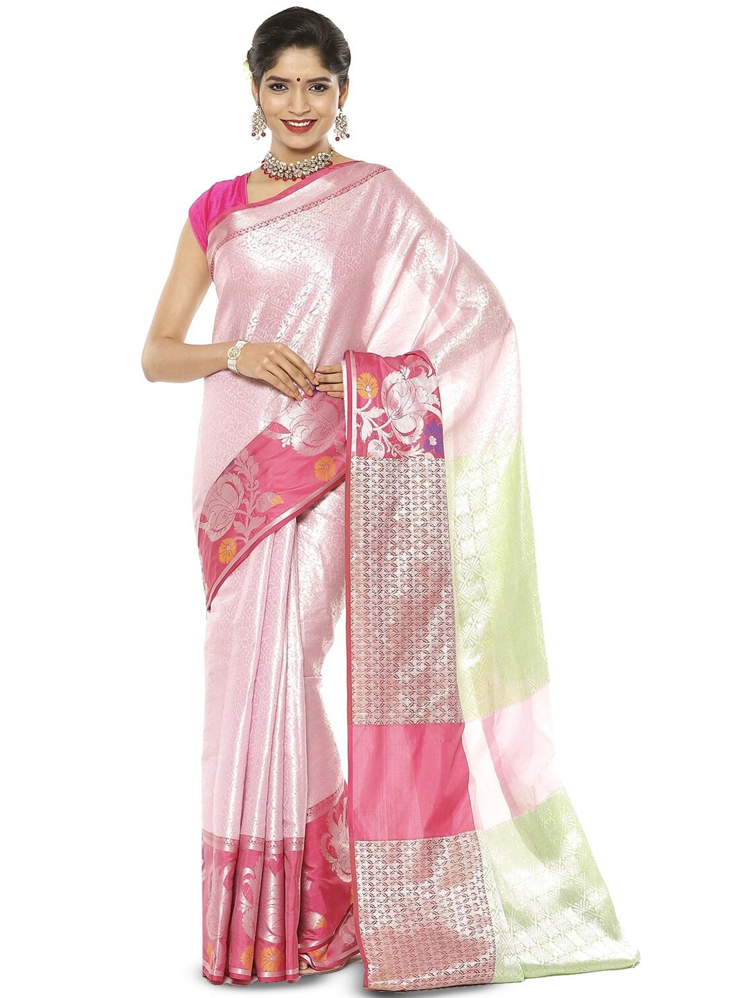 

PTIEPL Banarasi Silk Works Woven Design Zari Kanjeevaram Saree, Pink