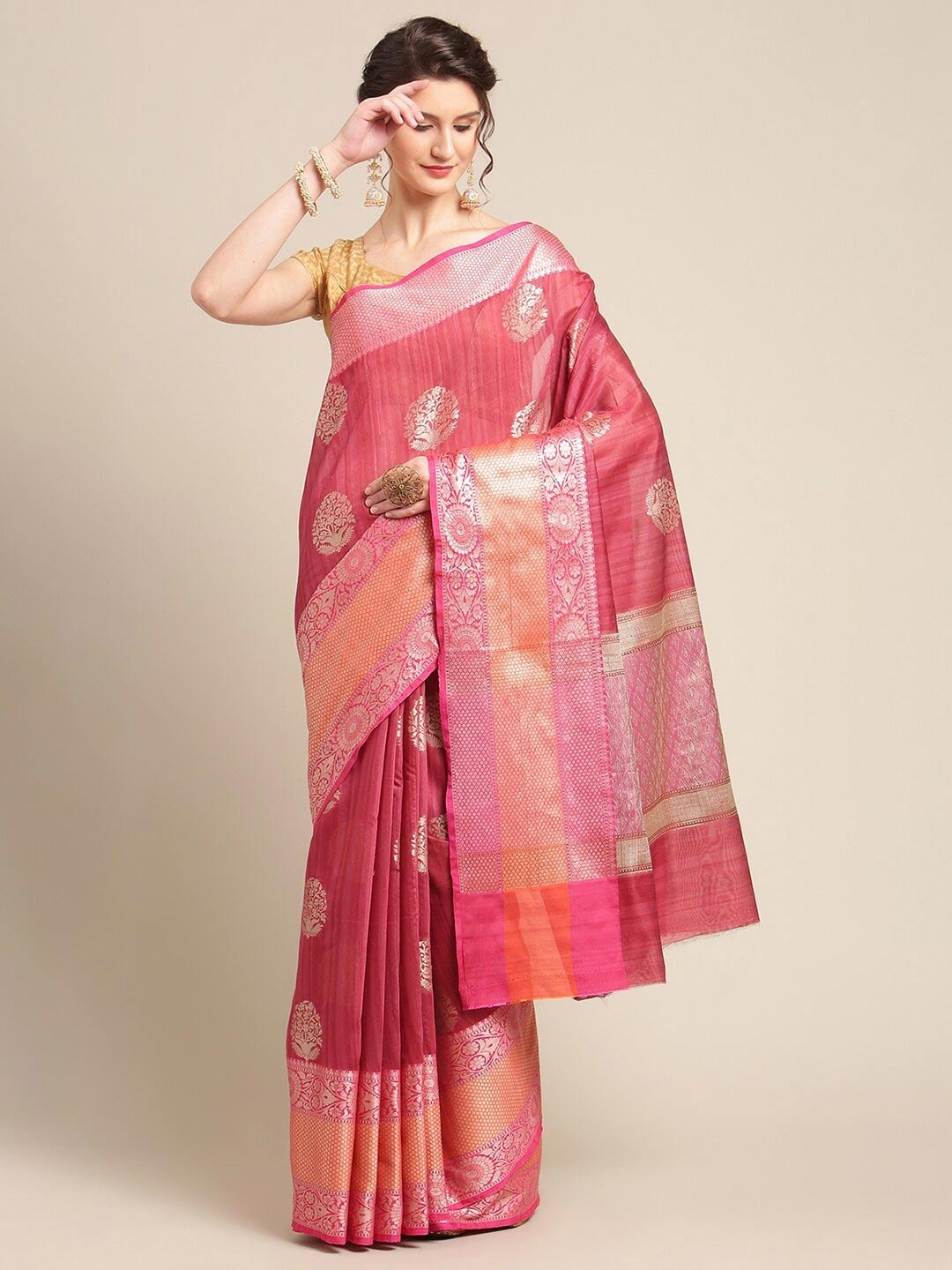 PTIEPL Banarasi Silk Works Floral Zari Banarasi Saree, Pink