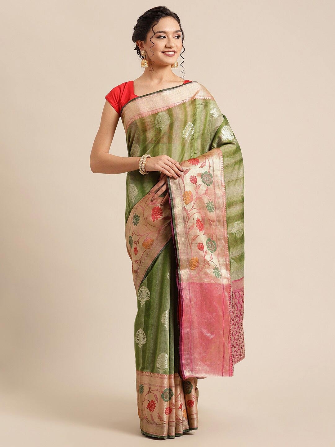 

PTIEPL Banarasi Silk Works Floral Zari Banarasi Saree, Green