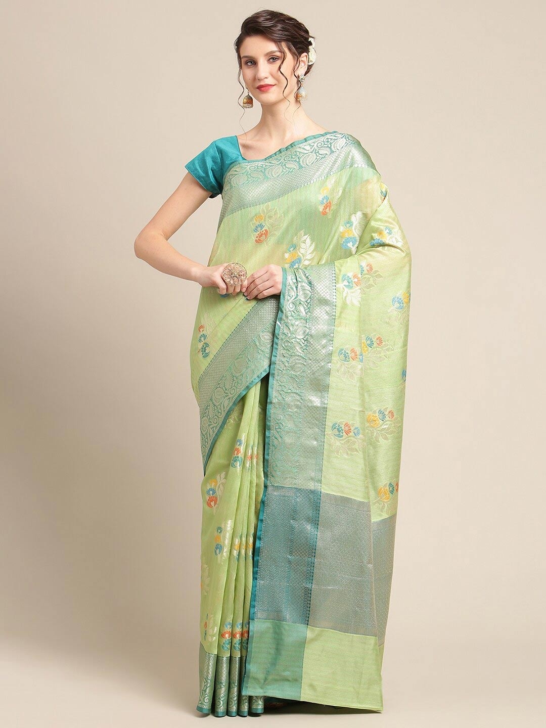 

PTIEPL Banarasi Silk Works Floral Zari Banarasi Saree, Green