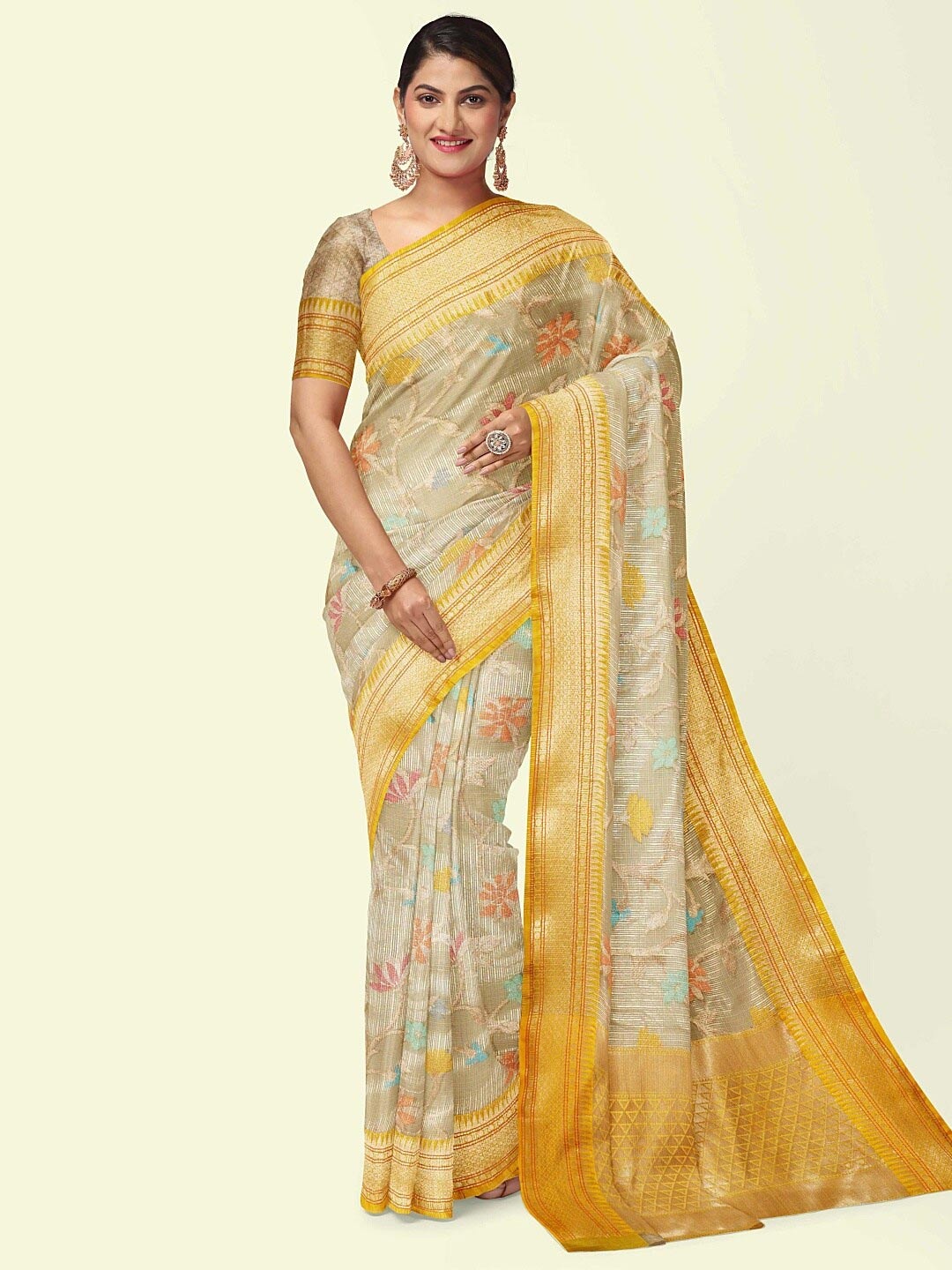 

PTIEPL Banarasi Silk Works Floral Zari Banarasi Saree, Grey