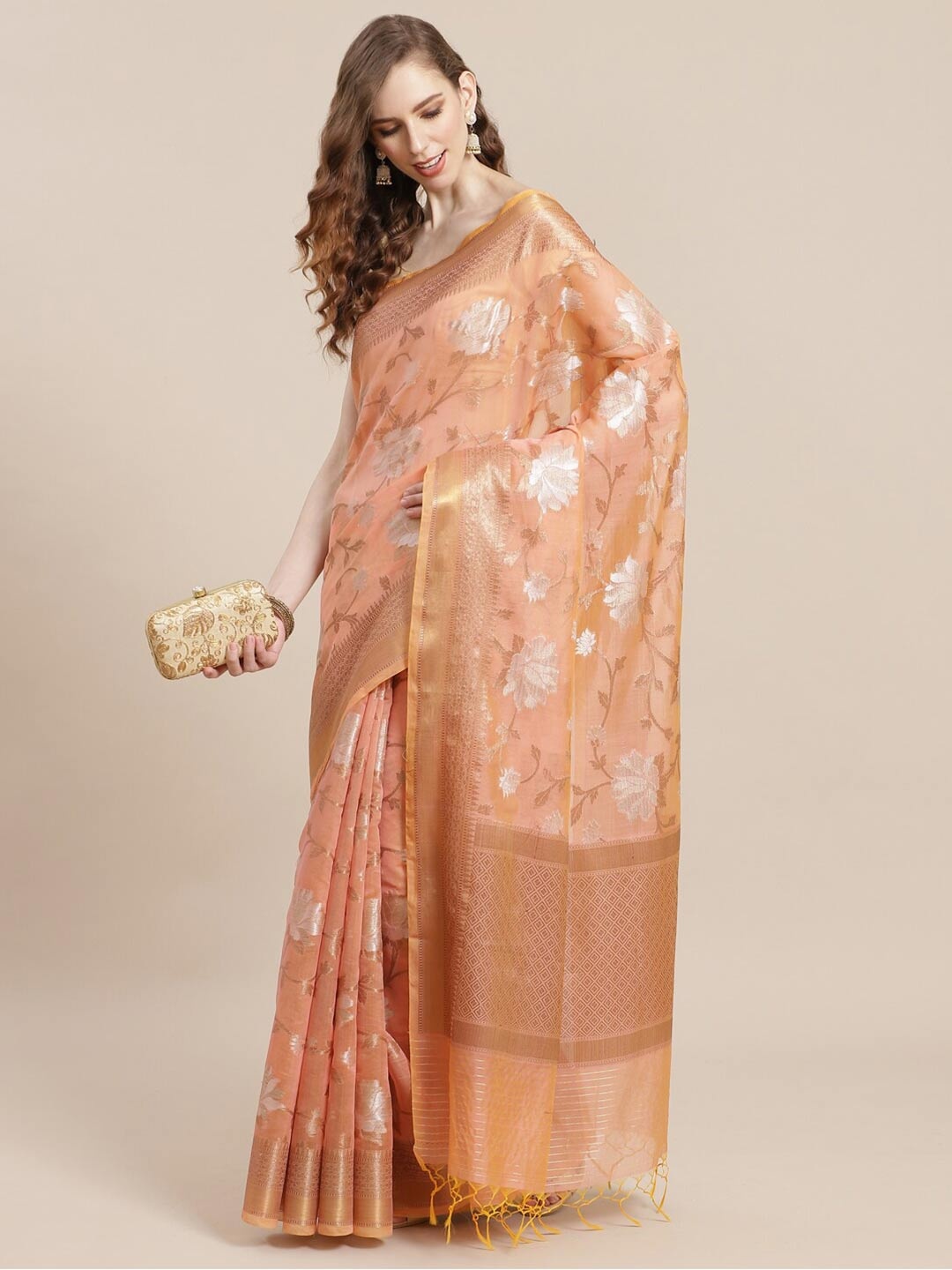 PTIEPL Banarasi Silk Works Floral Zari Banarasi Saree, Peach