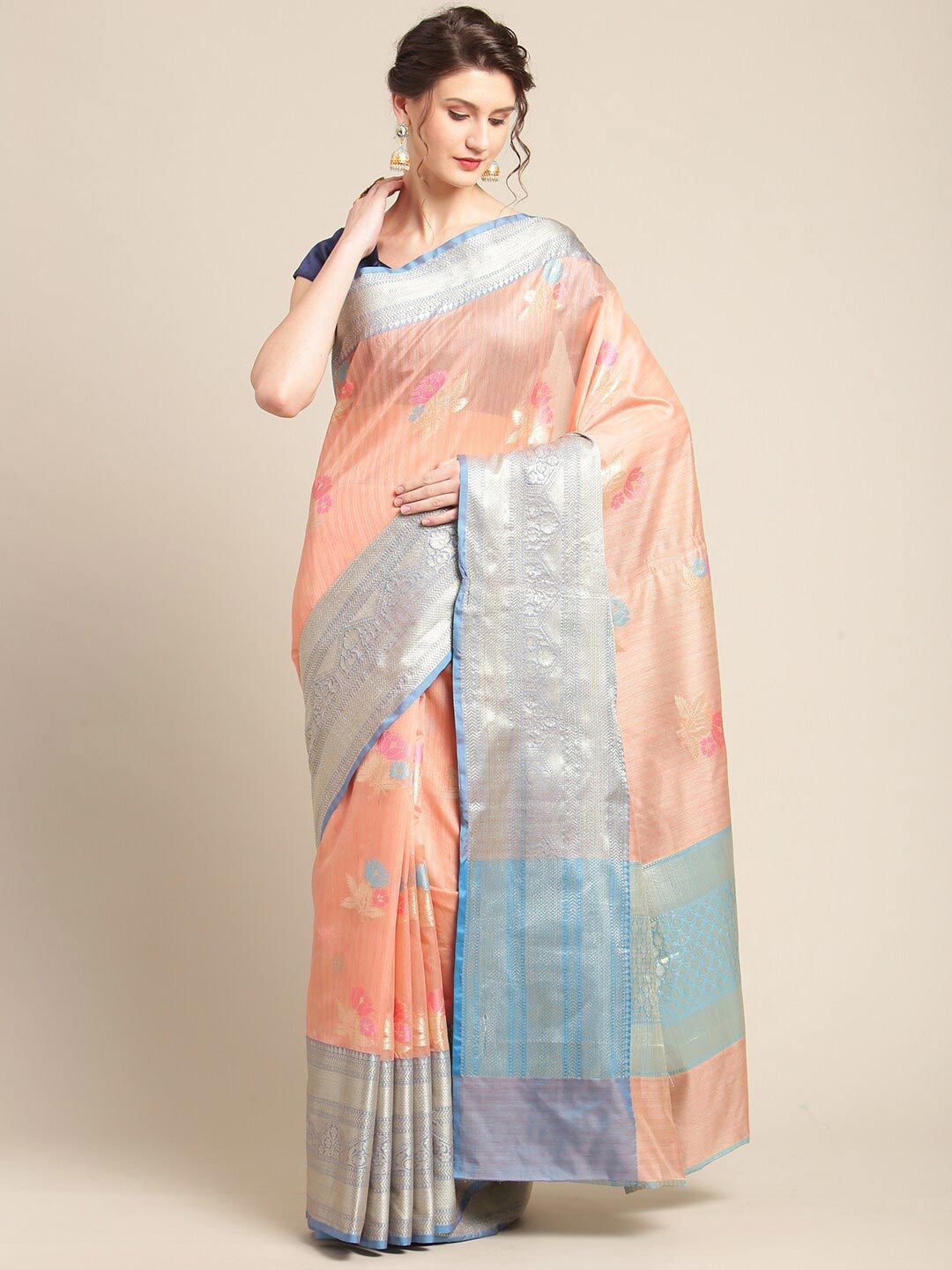 

PTIEPL Banarasi Silk Works Design Zari Banarasi Saree, Peach