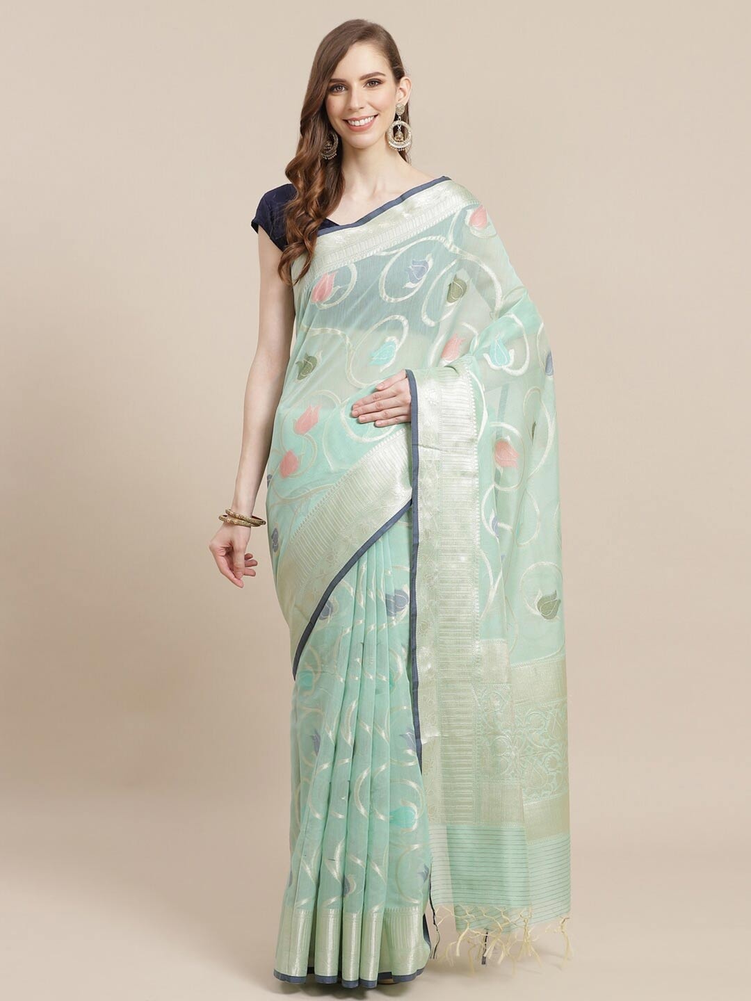 PTIEPL Banarasi Silk Works Floral Zari Banarasi Saree, Sea green