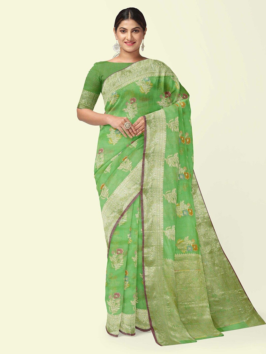 

PTIEPL Banarasi Silk Works Floral Zari Banarasi Saree, Green