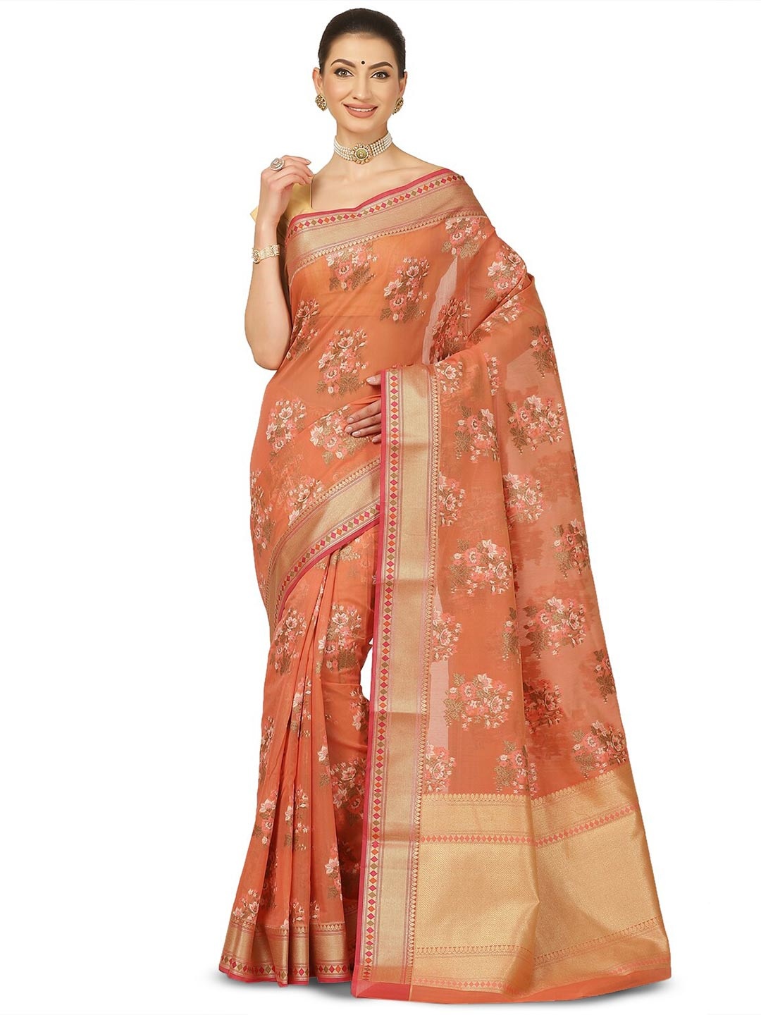 

PTIEPL Banarasi Silk Works Ethnic Motifs Zari Pure Cotton Banarasi Saree, Peach