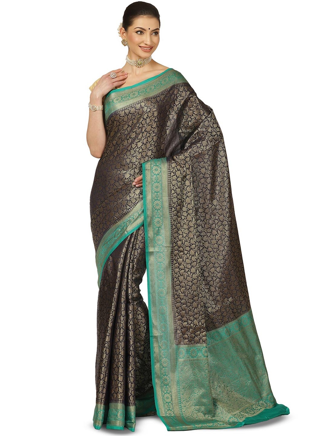 

PTIEPL Banarasi Silk Works Floral Zari Banarasi Saree, Black