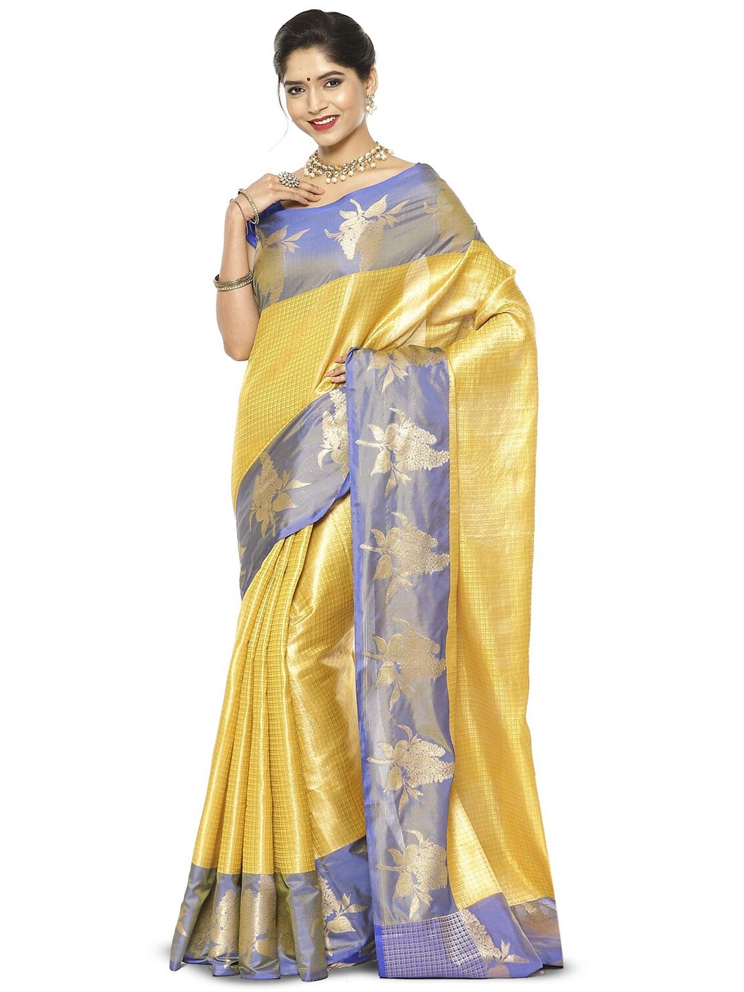 

PTIEPL Banarasi Silk Works Checked Zari Kanjeevaram Saree, Gold