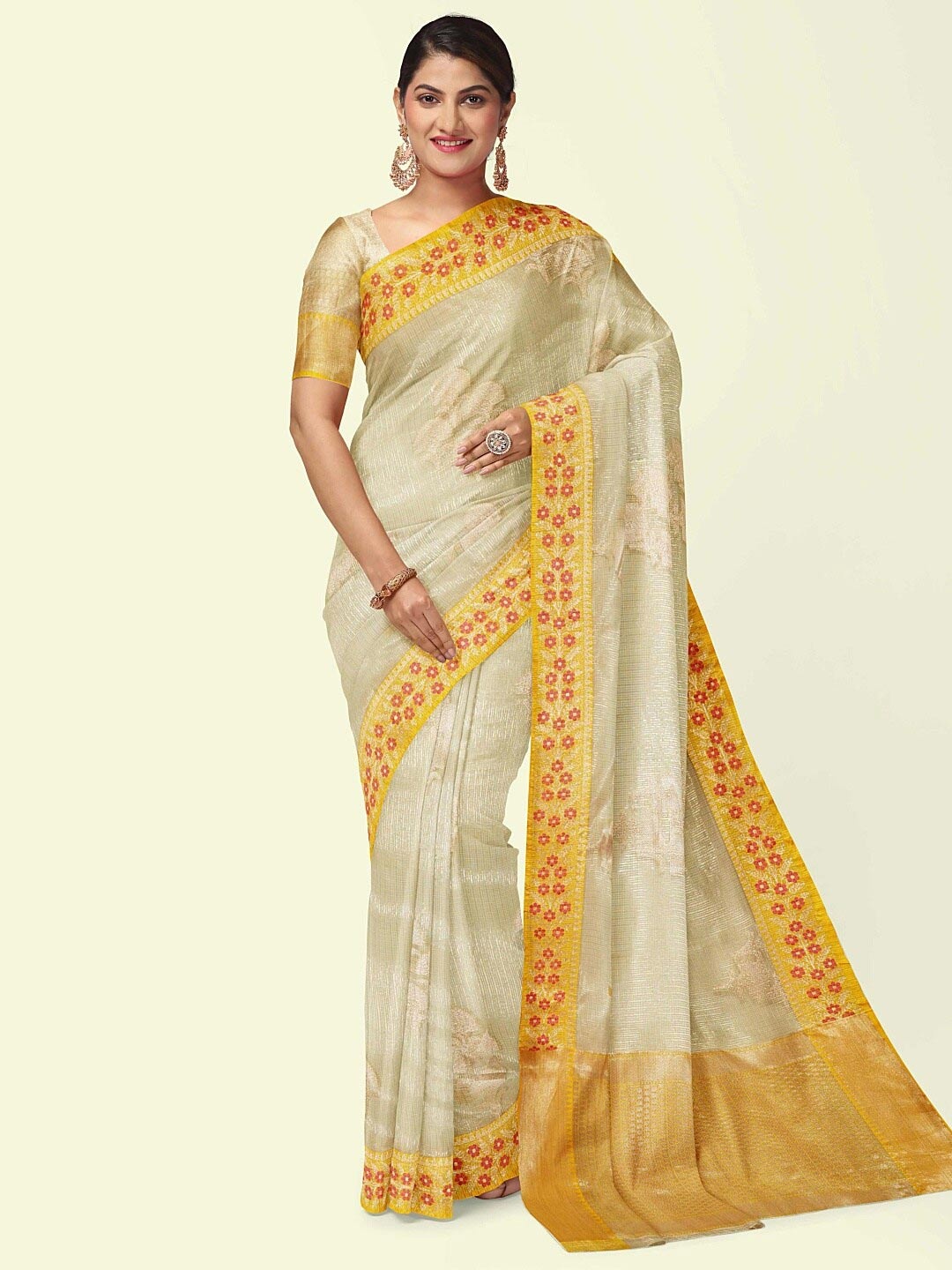 

PTIEPL Banarasi Silk Works Woven Design Zari Banarasi Saree, Cream