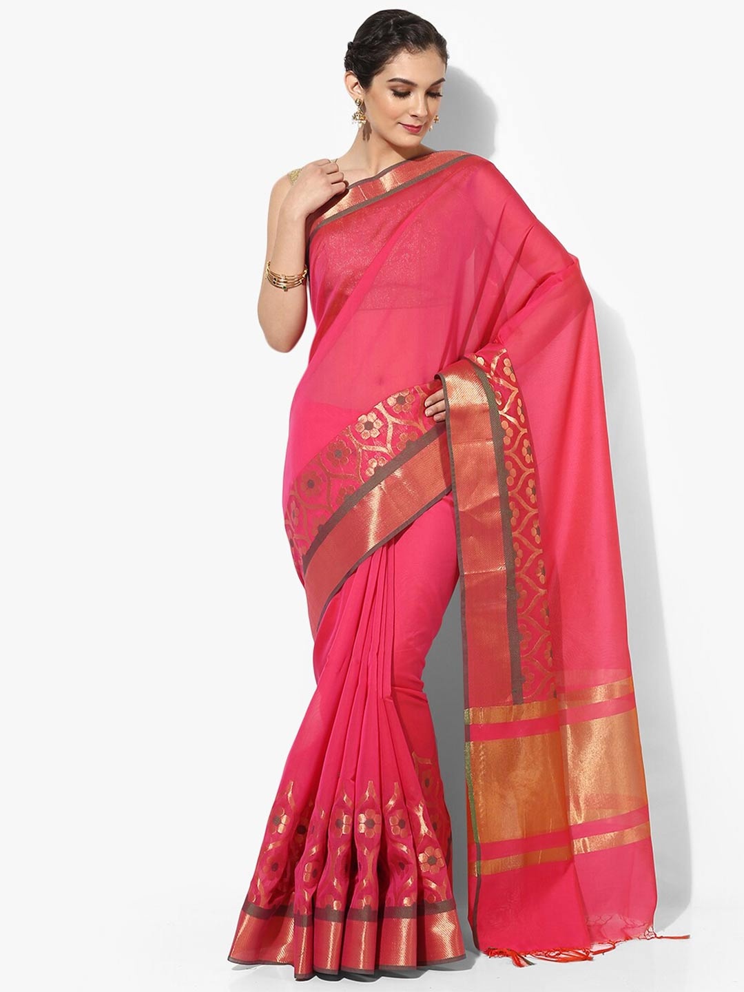 

PTIEPL Banarasi Silk Works Floral Zari Art Silk Banarasi Saree, Pink