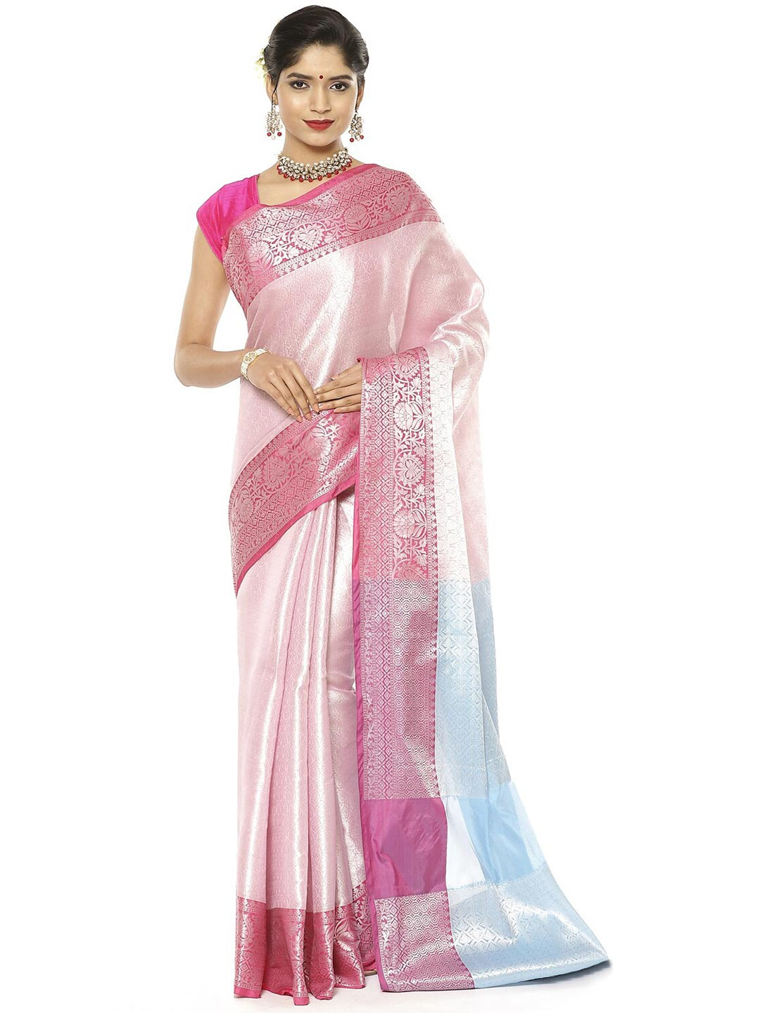 

PTIEPL Banarasi Silk Works Ethnic Motifs Woven Design Zari Kanjeevaram Silk Saree, Pink