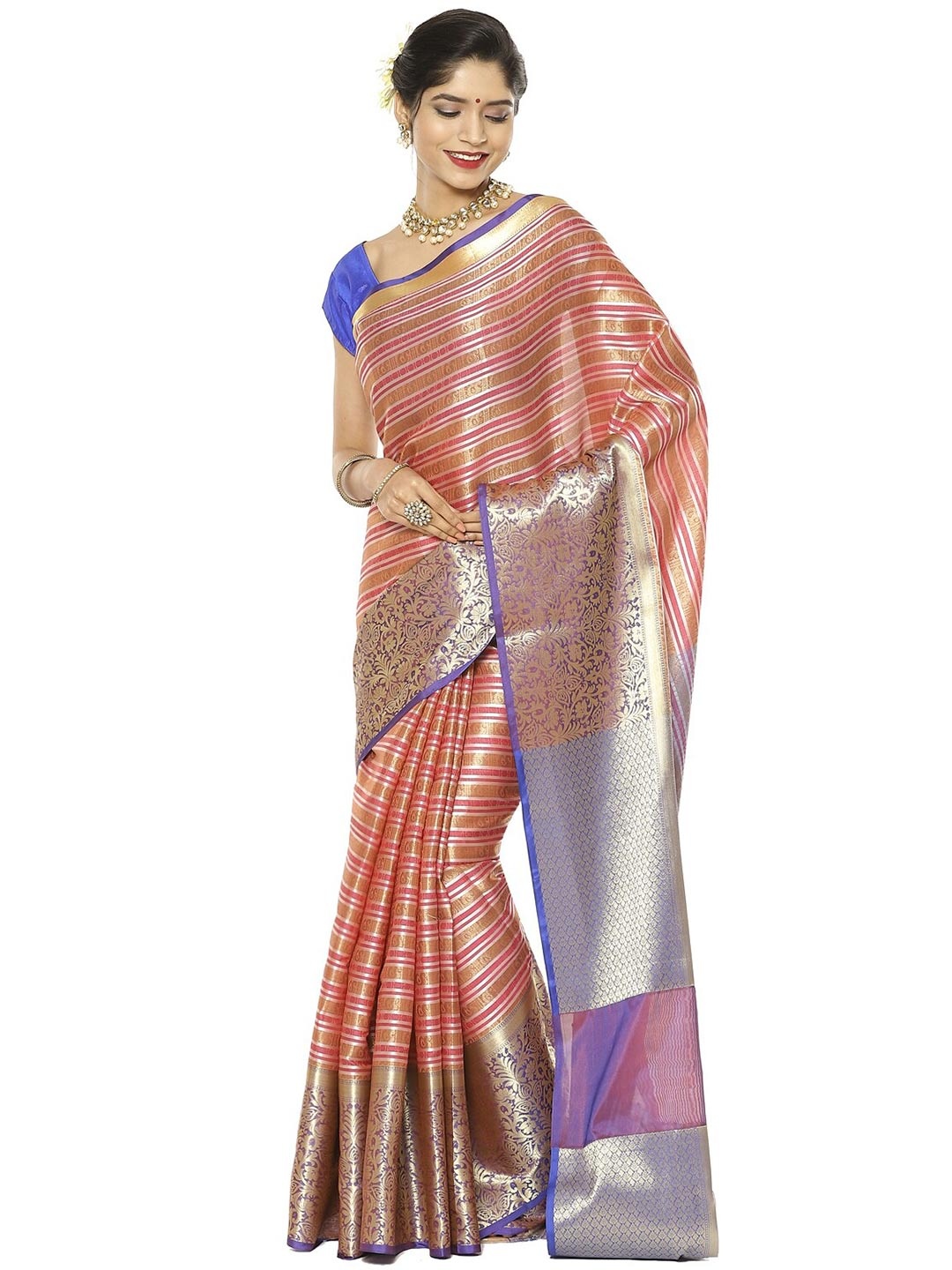 

PTIEPL Banarasi Silk Works Ethnic Motifs Woven Design Zari Kanjeevaram Silk Saree, Pink