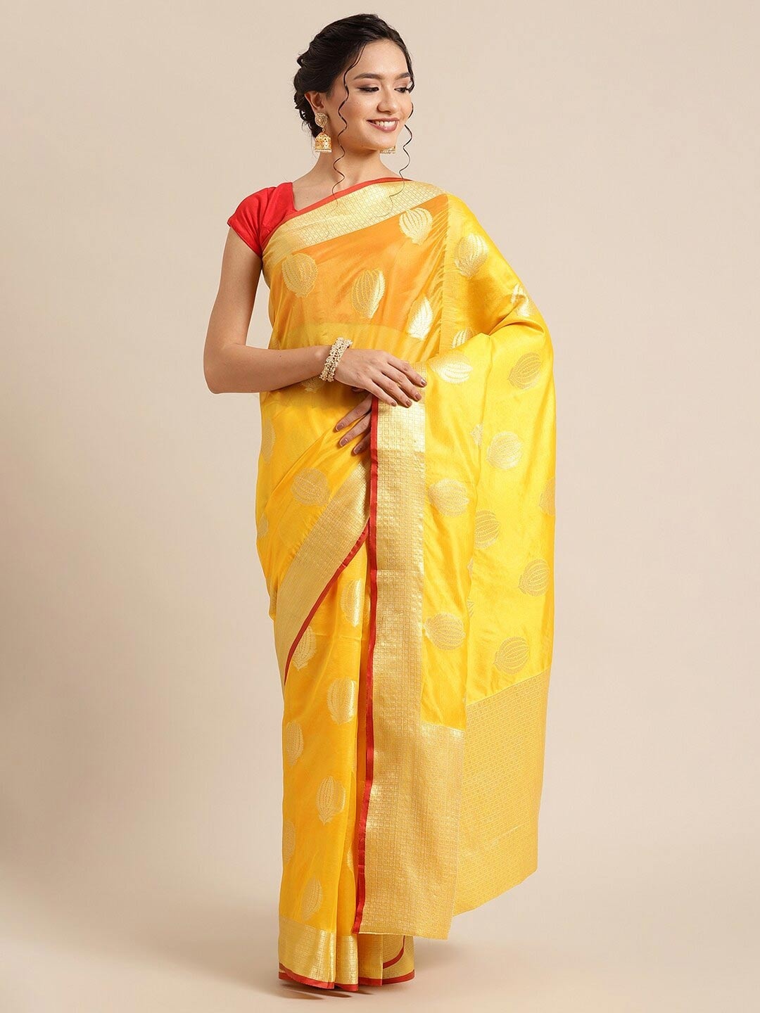 

PTIEPL Banarasi Silk Works Ethnic Motifs Woven Design Zari Banarasi Silk Saree, Gold