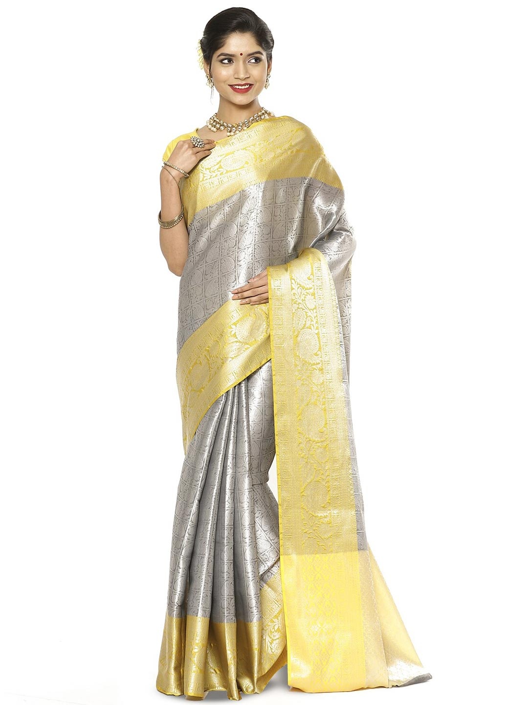 

PTIEPL Banarasi Silk Works Ethnic Motifs Woven Design Zari Kanjeevaram Silk Saree, Grey