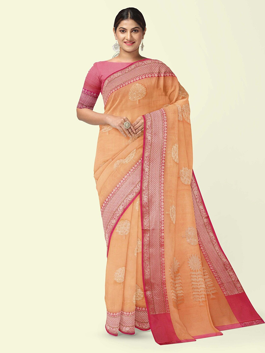 

PTIEPL Banarasi Silk Works Ethnic Motifs Woven Design Zari Banarasi Saree, Orange