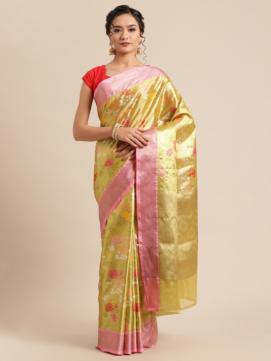 

PTIEPL Banarasi Silk Works Ethnic Motifs Woven Design Zari Banarasi Saree, Gold