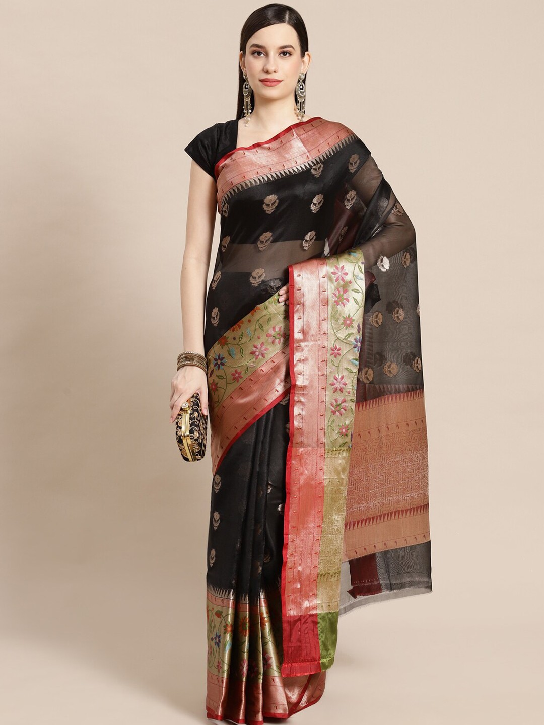 

PTIEPL Banarasi Silk Works Ethnic Motifs Woven Design Zari Banarasi Art Silk Saree, Black