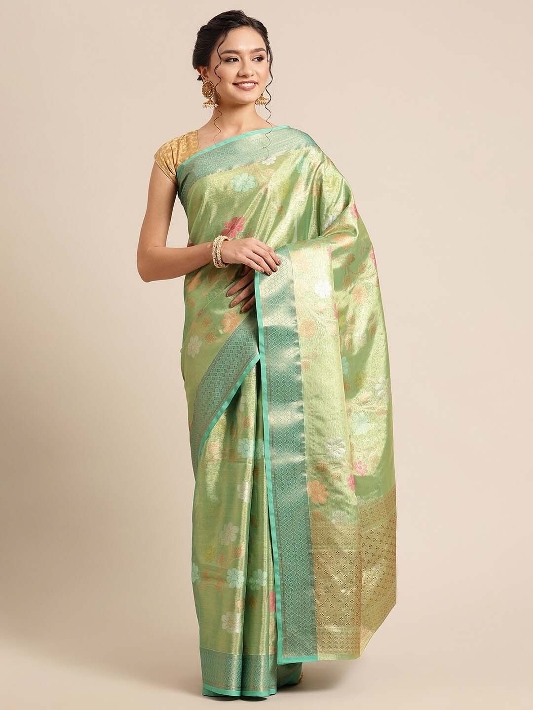 

PTIEPL Banarasi Silk Works Ethnic Motifs Woven Design Zari Banarasi Saree, Green