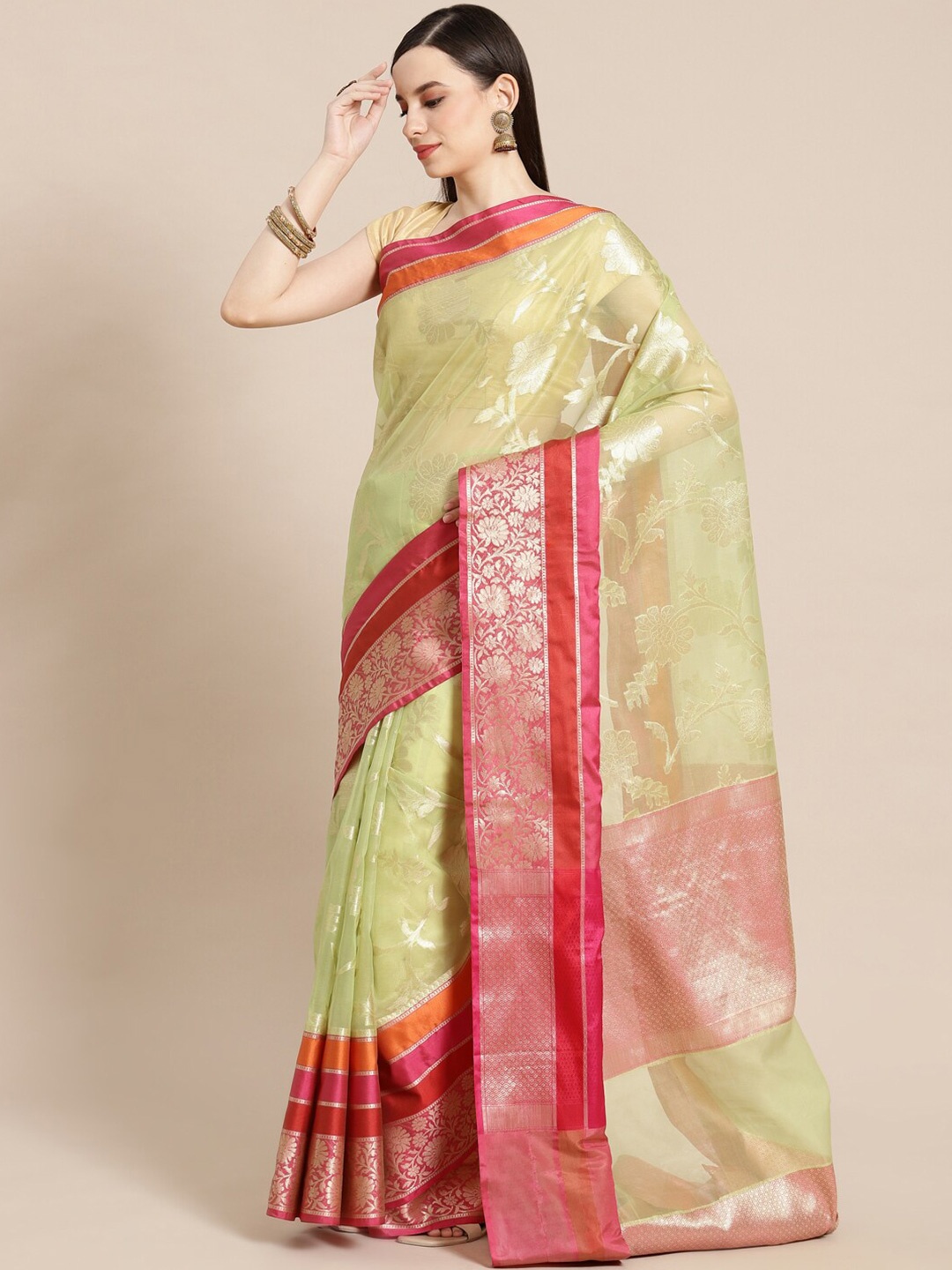 

PTIEPL Banarasi Silk Works Ethnic Motifs Woven Design Zari Banarasi Organza Saree, Green