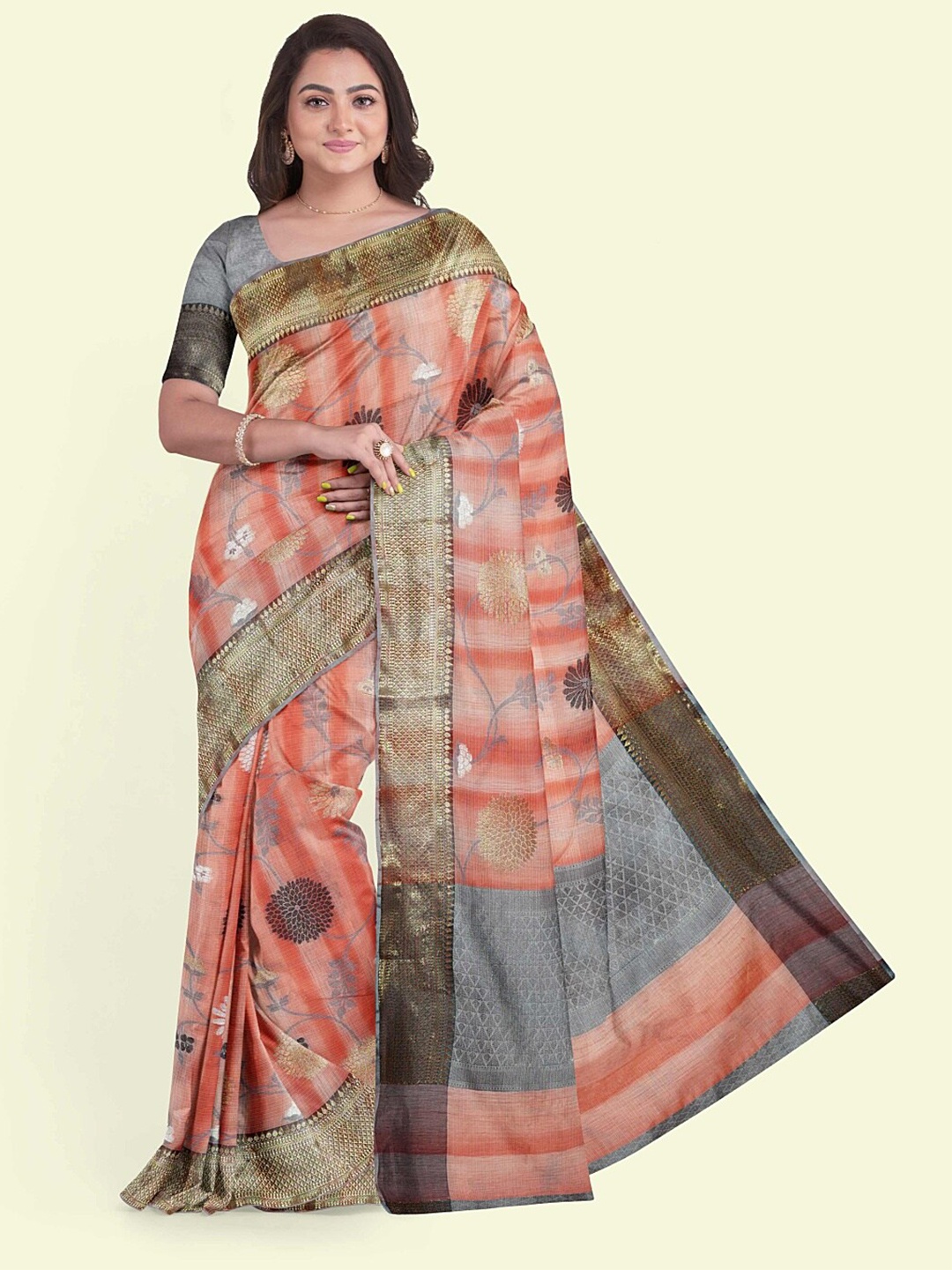 

PTIEPL Banarasi Silk Works Ethnic Motifs Woven Design Zari Banarasi Silk Saree, Peach