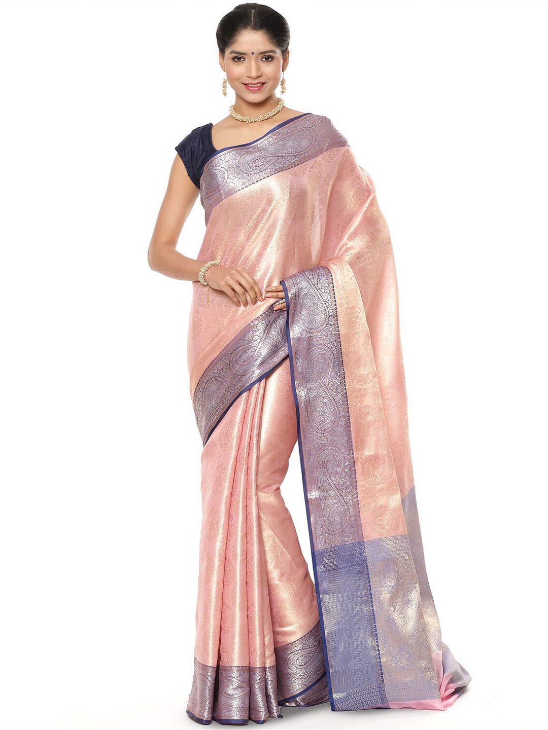 

PTIEPL Banarasi Silk Works Ethnic Motifs Woven Design Zari Kanjeevaram Silk Saree, Pink