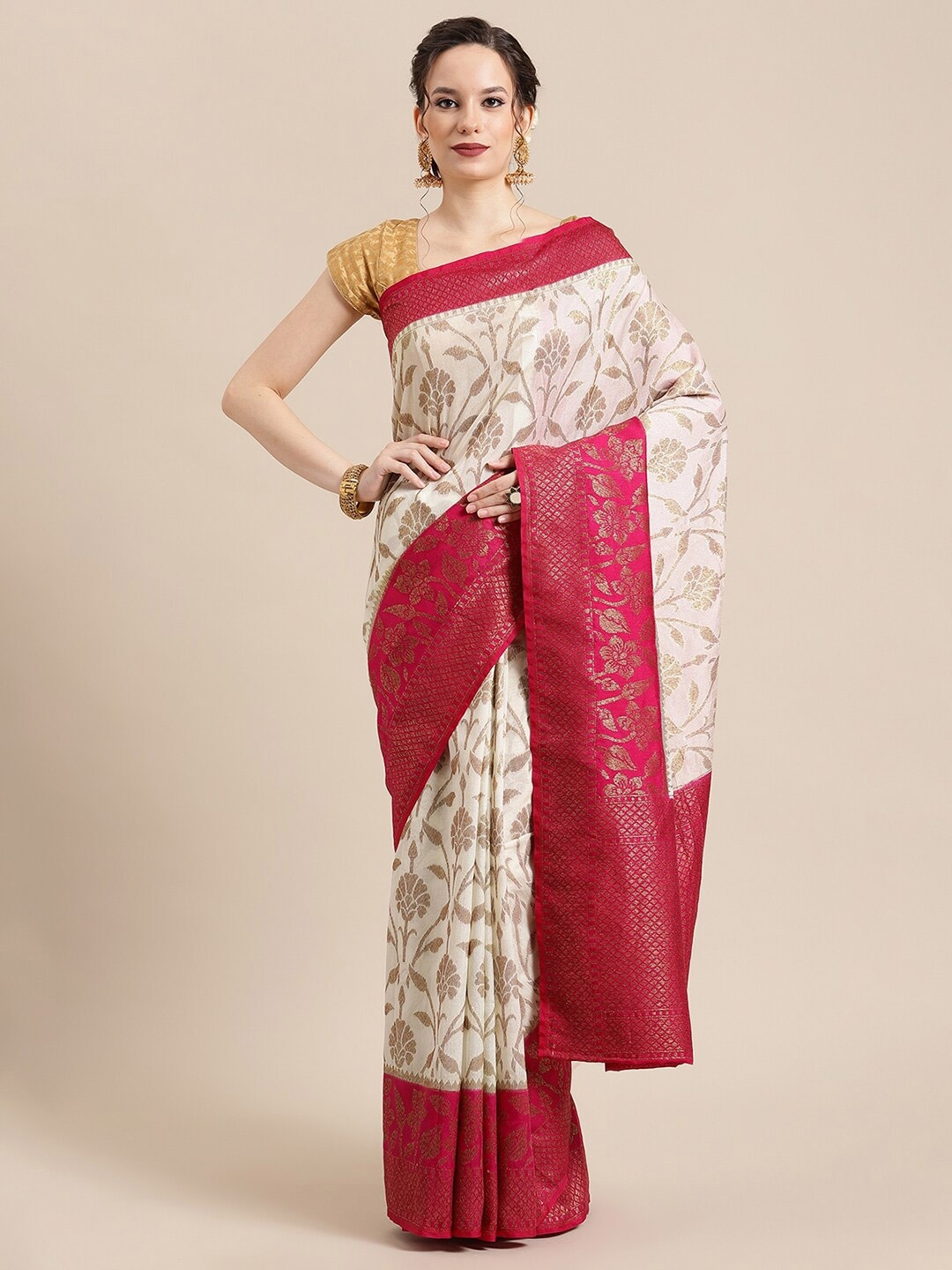 

PTIEPL Banarasi Silk Works Woven Design Zari Silk Blend Banarasi Saree, Beige