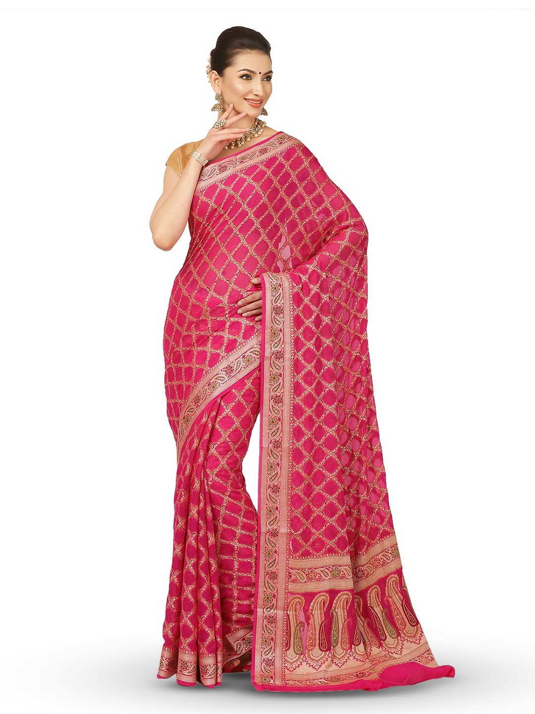 

PTIEPL Banarasi Silk Works Ethnic Motifs Woven Design Zari Pure Georgette Banarasi Saree, Pink