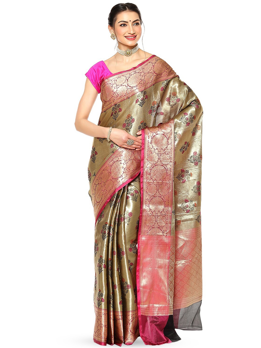 

PTIEPL Banarasi Silk Works Ethnic Motifs Woven Design Zari Satin Kanjeevaram Saree, Pink