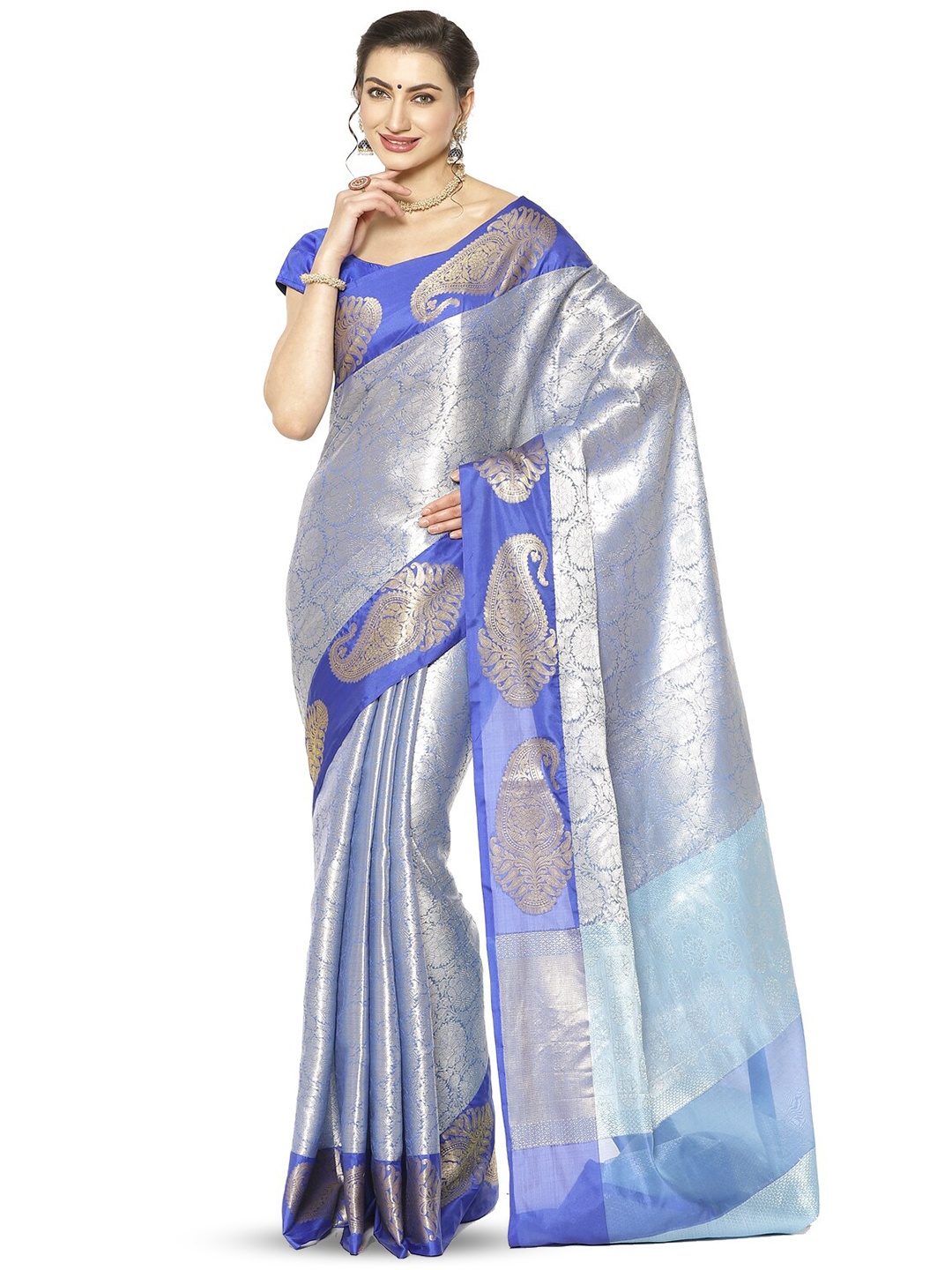 

PTIEPL Banarasi Silk Works Woven Design Zari Silk Blend Kanjeevaram Saree, Blue