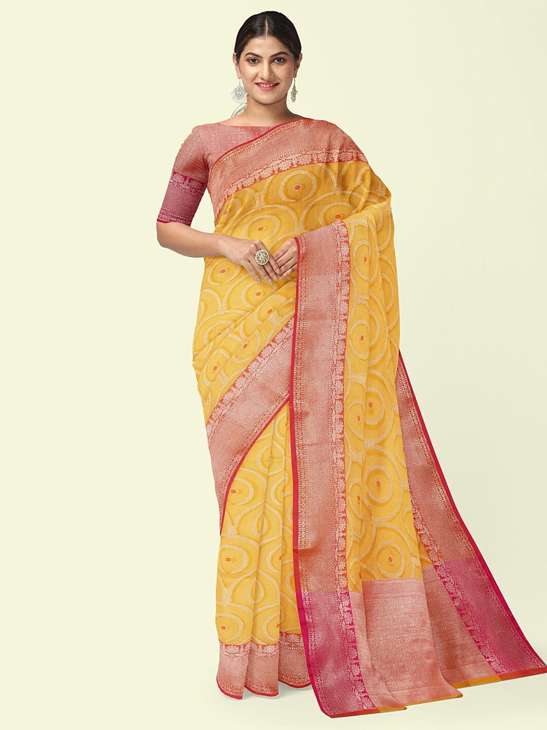 

PTIEPL Banarasi Silk Works Ethnic Motifs Woven Design Zari Banarasi Silk Saree, Yellow