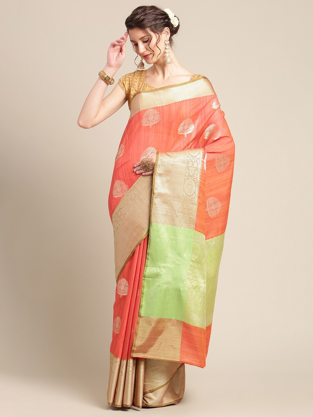 

PTIEPL Banarasi Silk Works Ethnic Motifs Woven Design Zari Banarasi Silk Saree, Rust