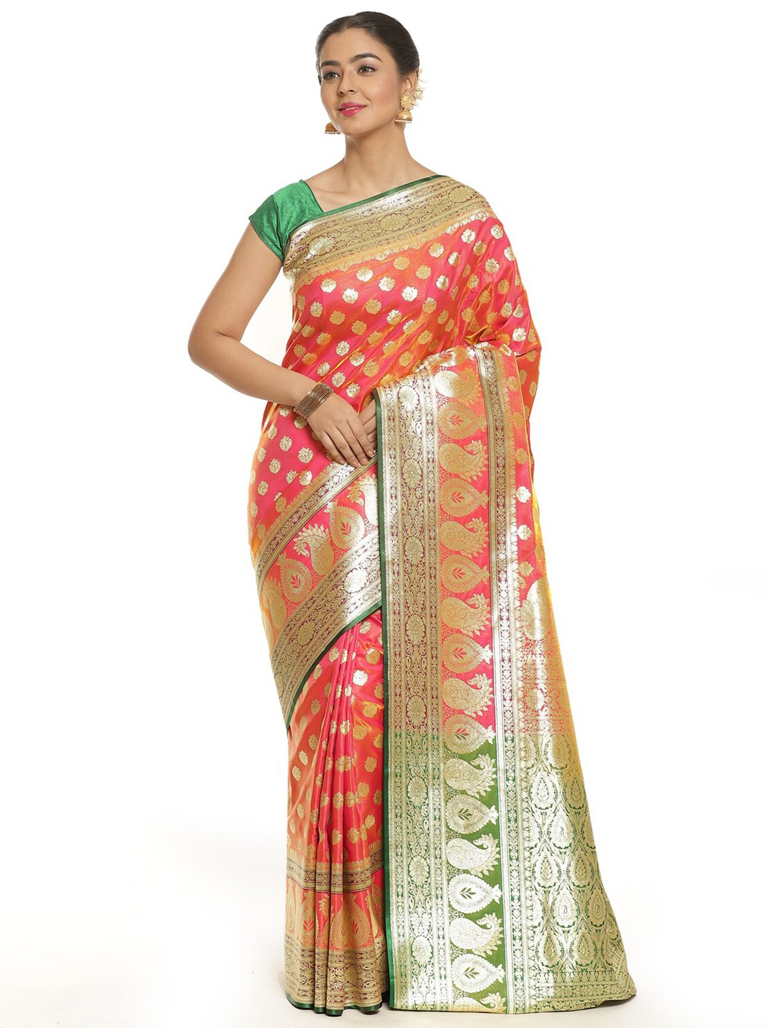 

PTIEPL Banarasi Silk Works Ethnic Motifs Woven Design Zari Banarasi Saree, Pink