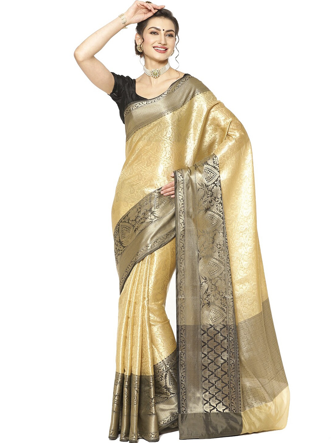 PTIEPL Banarasi Silk Works Floral Zari Silk Blend Kanjeevaram Saree, Beige