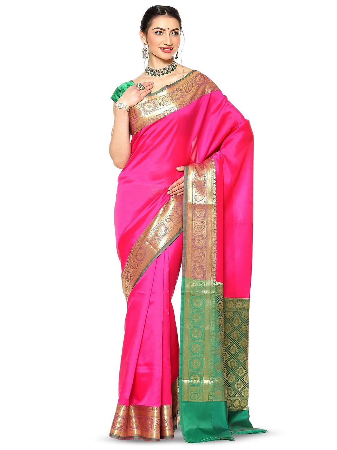 

PTIEPL Banarasi Silk Works Zari Silk Blend Banarasi Saree, Pink