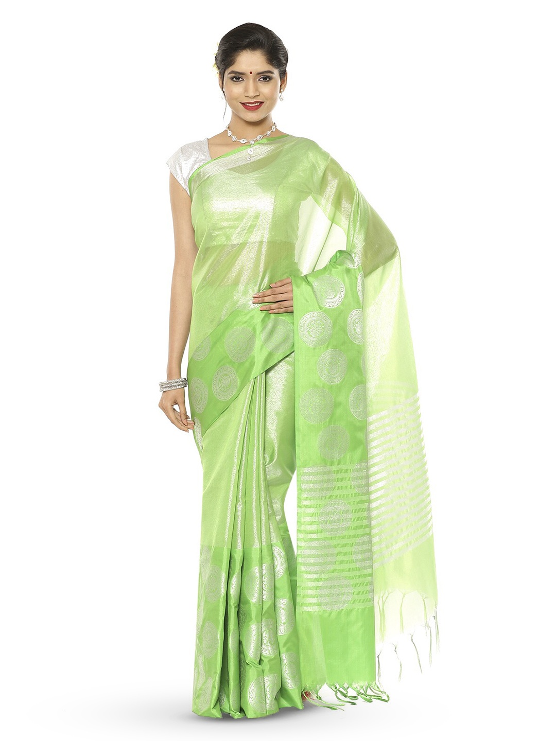 

PTIEPL Banarasi Silk Works Zari Silk Blend Kanjeevaram Saree with Tassels, Green