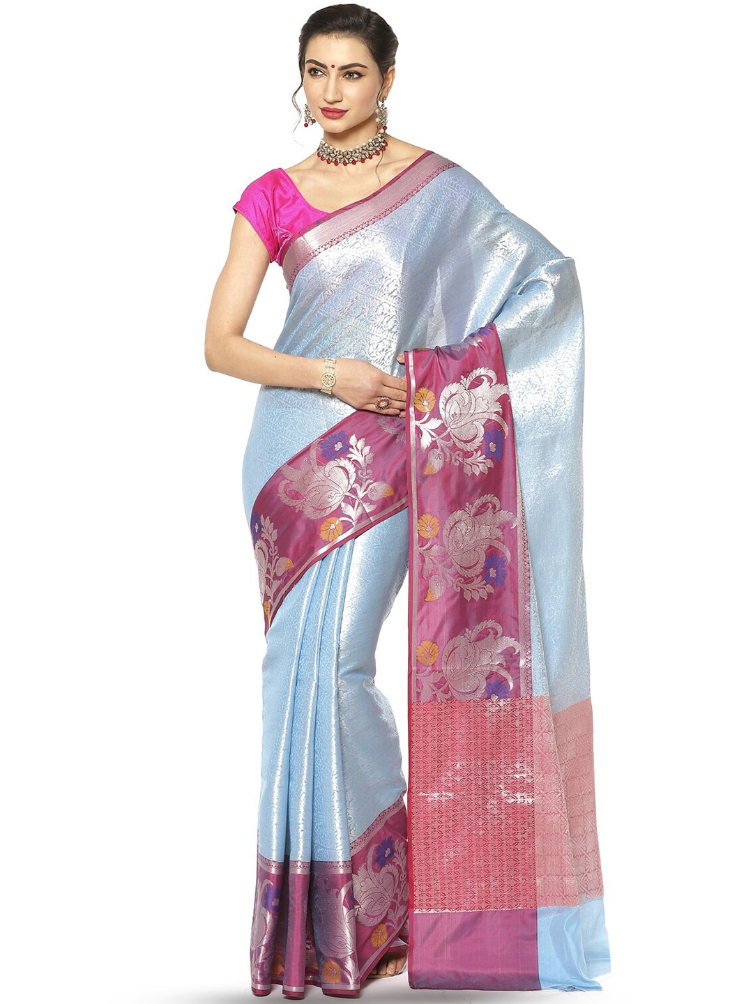 

PTIEPL Banarasi Silk Works Floral Zari Silk Blend Kanjeevaram Saree, Blue