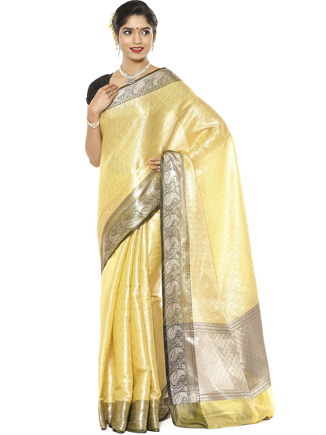 

PTIEPL Banarasi Silk Works Floral Zari Silk Blend Kanjeevaram Saree, Gold