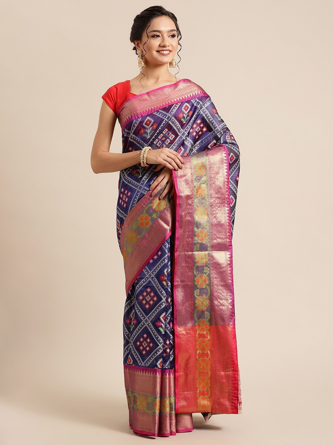 

PTIEPL Banarasi Silk Works Floral Zari Art Silk Ikat Saree, Blue