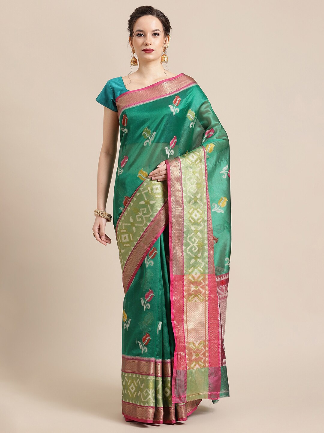 

PTIEPL Banarasi Silk Works Floral Zari Art Silk Ikat Saree, Green
