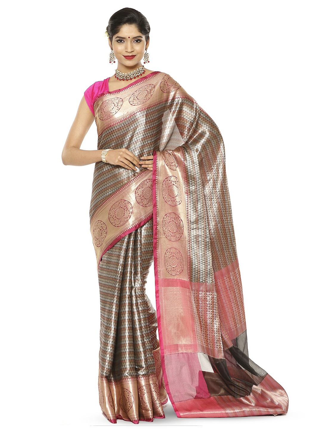 

PTIEPL Banarasi Silk Works Woven Design Zari Silk Blend Kanjeevaram Saree, Black