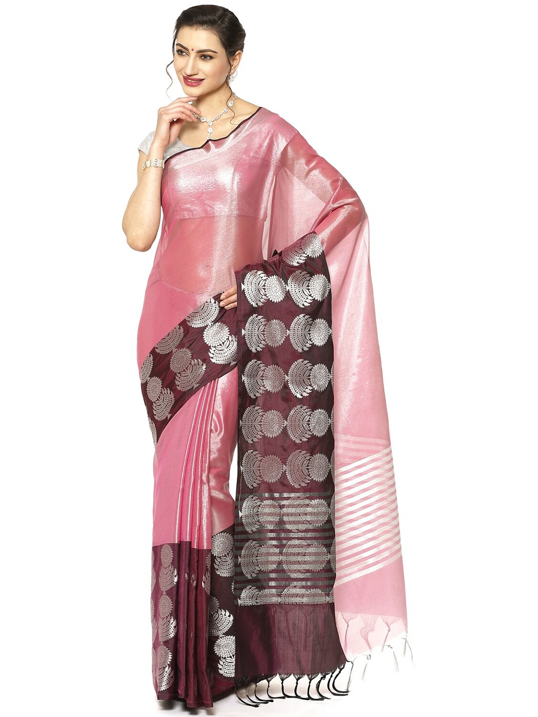 

PTIEPL Banarasi Silk Works Zari Silk Blend Kanjeevaram Saree with Tassels, Pink