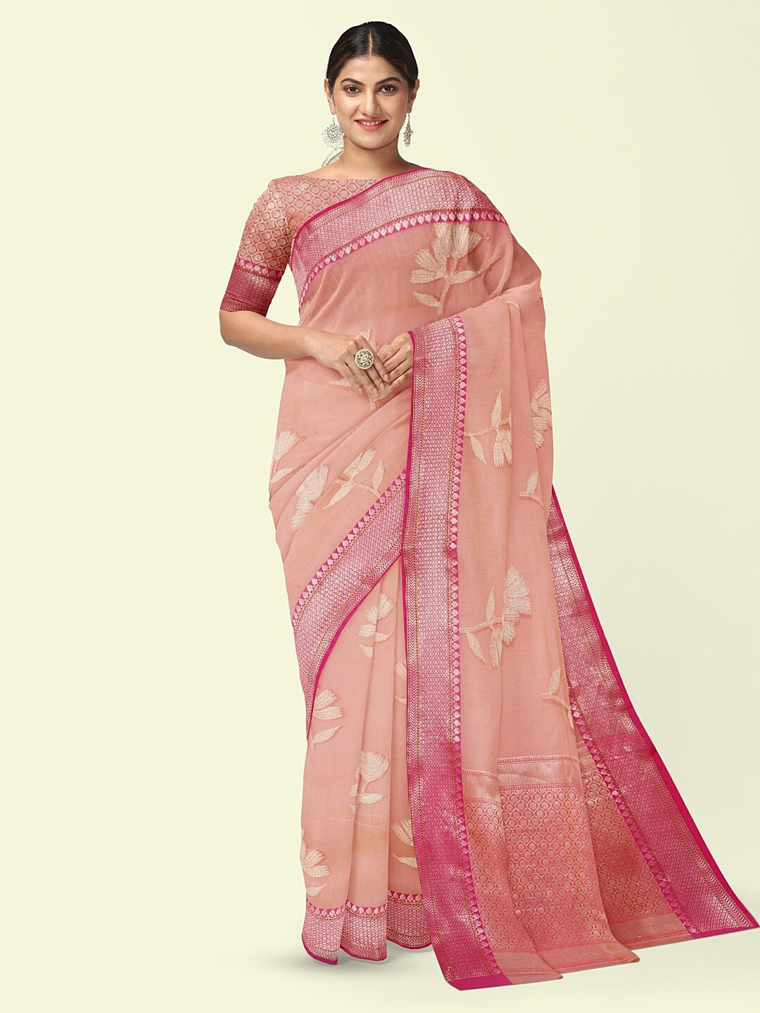 

PTIEPL Banarasi Silk Works Floral Zari Designer Banarasi Saree, Pink