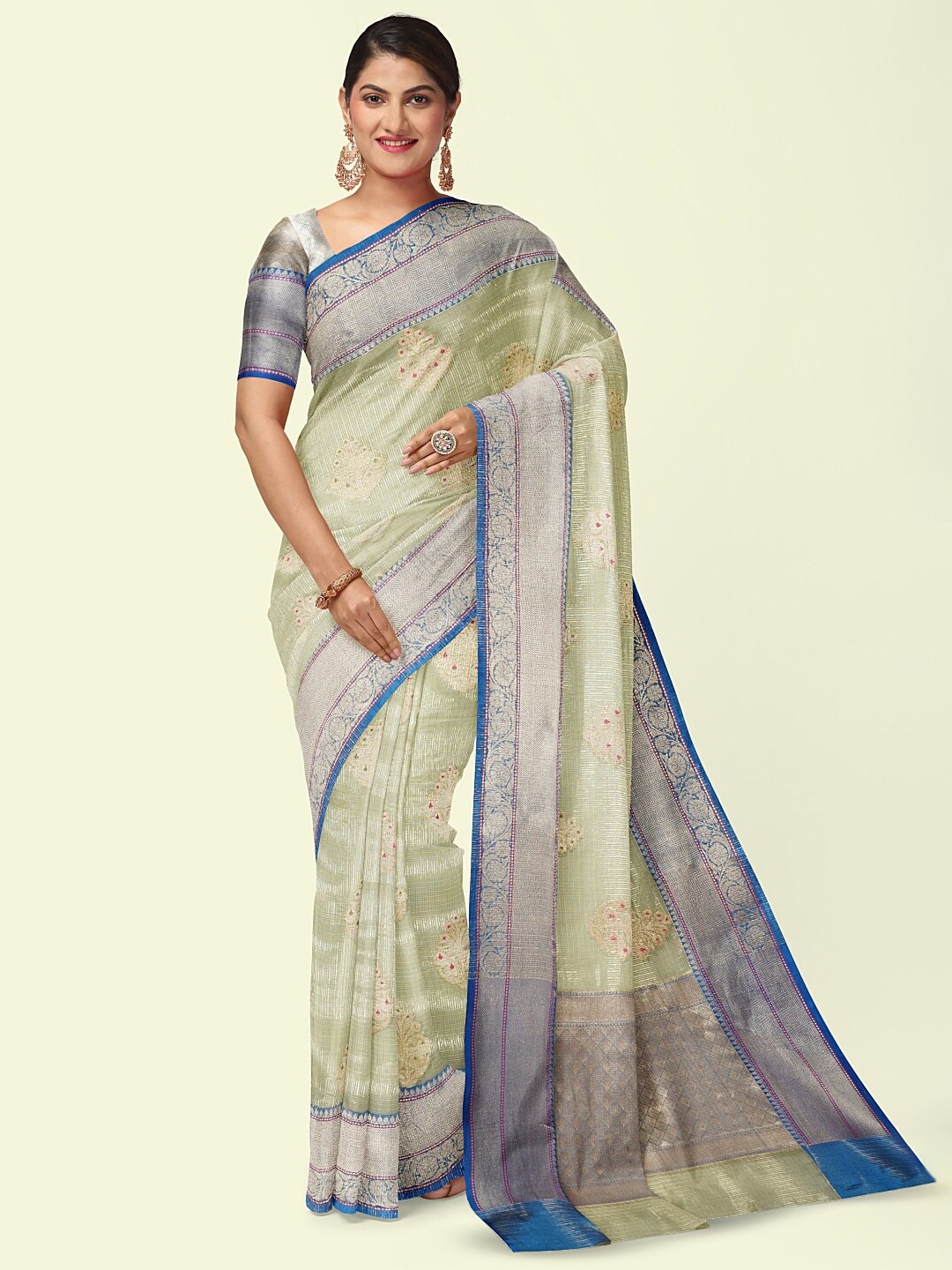 

PTIEPL Banarasi Silk Works Floral Zari Designer Banarasi Saree, Sea green