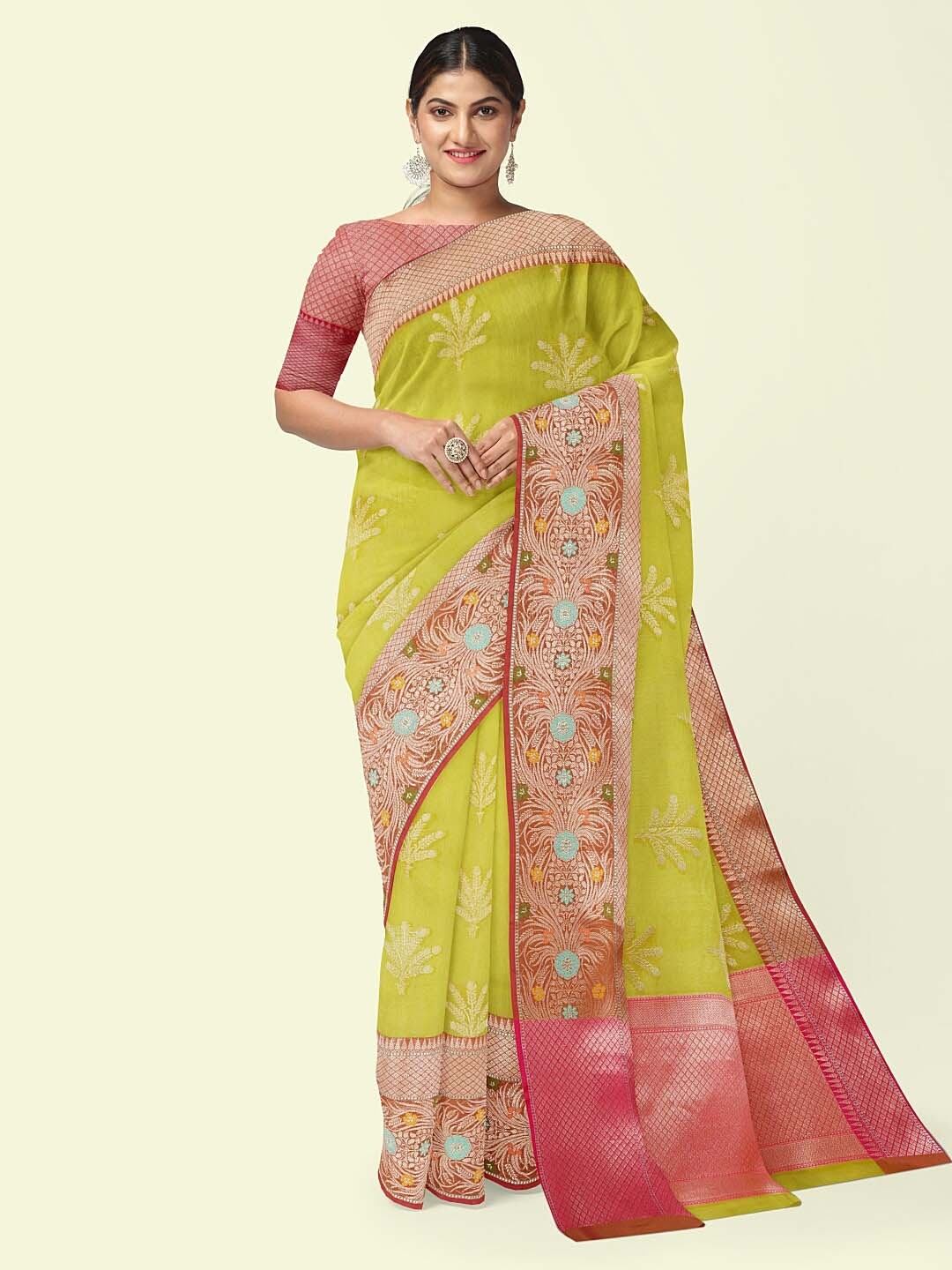 

PTIEPL Banarasi Silk Works Floral Zari Banarasi Saree, Green