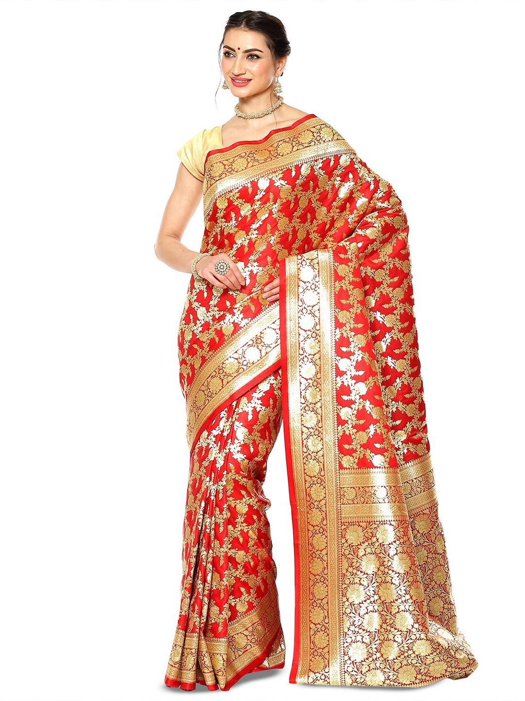 

PTIEPL Banarasi Silk Works Woven Design Zari Silk Blend Banarasi Saree, Red