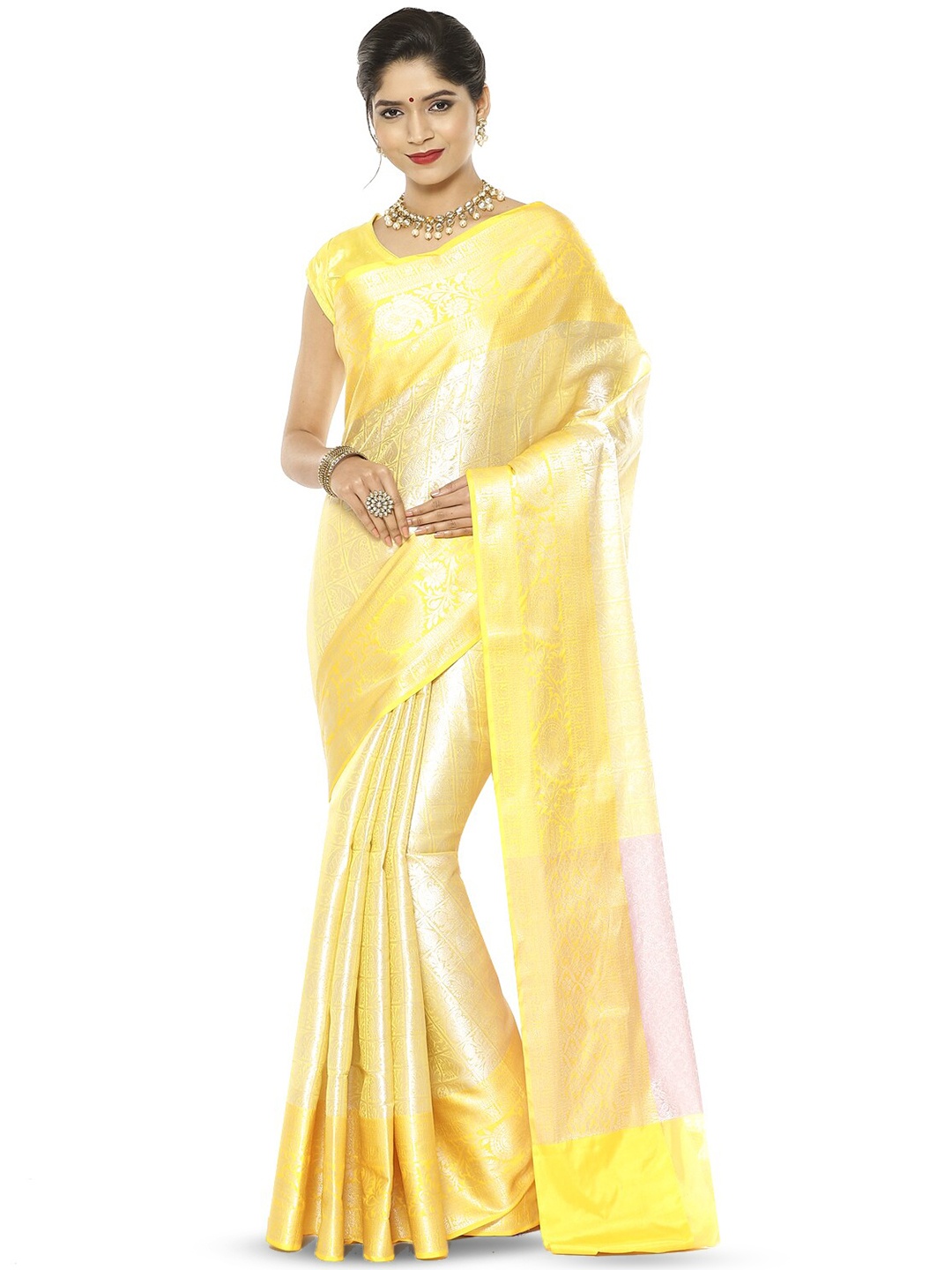 

PTIEPL Banarasi Silk Works Woven Design Zari Silk Blend Kanjeevaram Saree, Gold