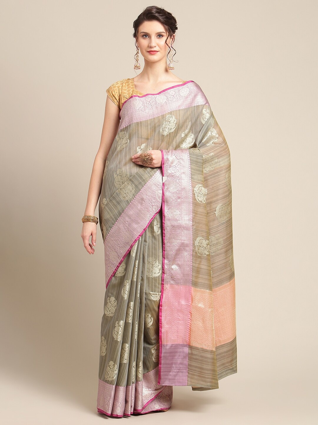 

PTIEPL Banarasi Silk Works Floral Zari Silk Blend Banarasi Saree, Grey